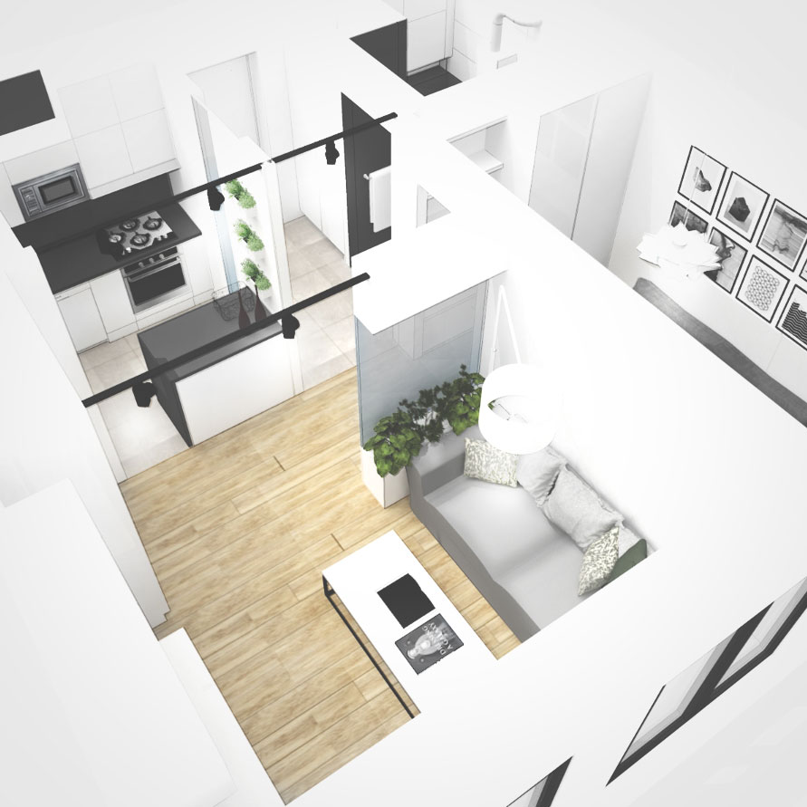 Projekt wnętrza, białe wnętrze, małe mieszkanie, przebudowa, mała kuchnia, mała łazienka, chorzów