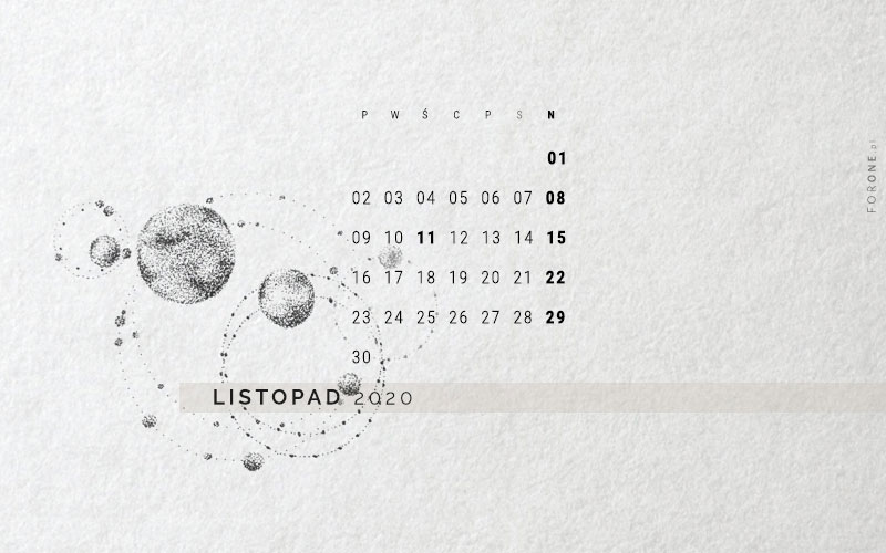Minimalistyczna tapeta na listopad 2020. czarnobiała ilustracja konstelacji, rysunek kropkowany i kalendarz na listopad 2020